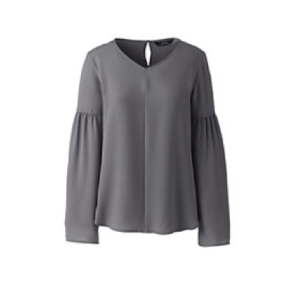 Lands End V Neck Flare Sleeve Crepe Blouse